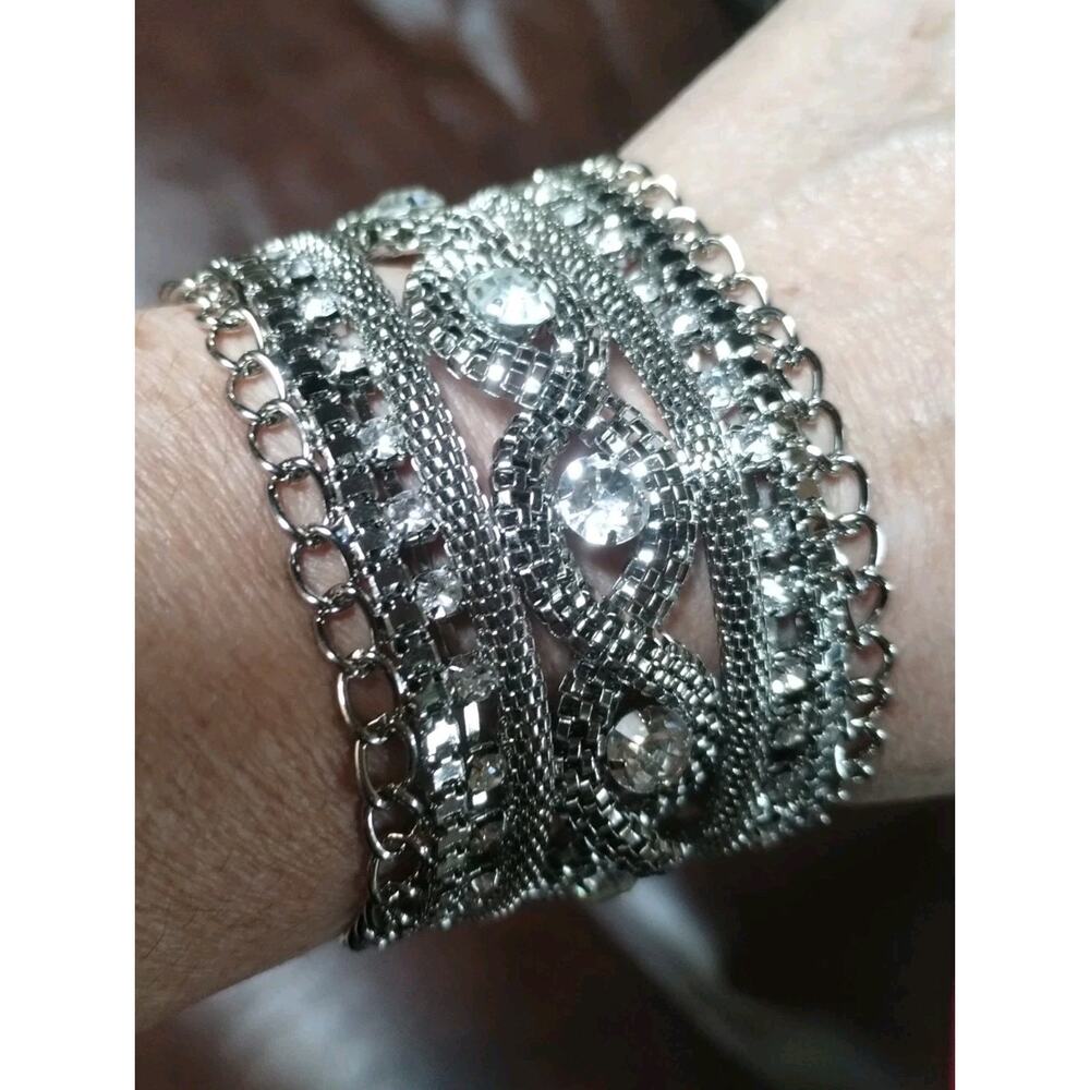 NEW Silver Tone Rhinestone Bridal Wedding Magnetic Cuff Multi Strand 8" Bracelet